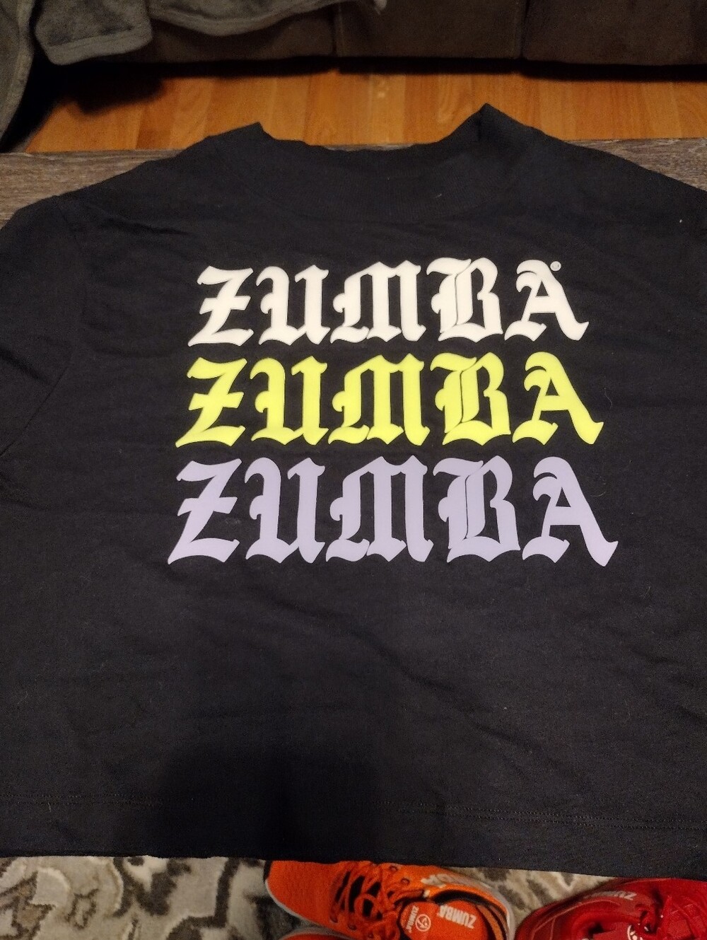 Zumba Fitness Black Short Sleeve Tee with White, Yellow & Lavender Logo
